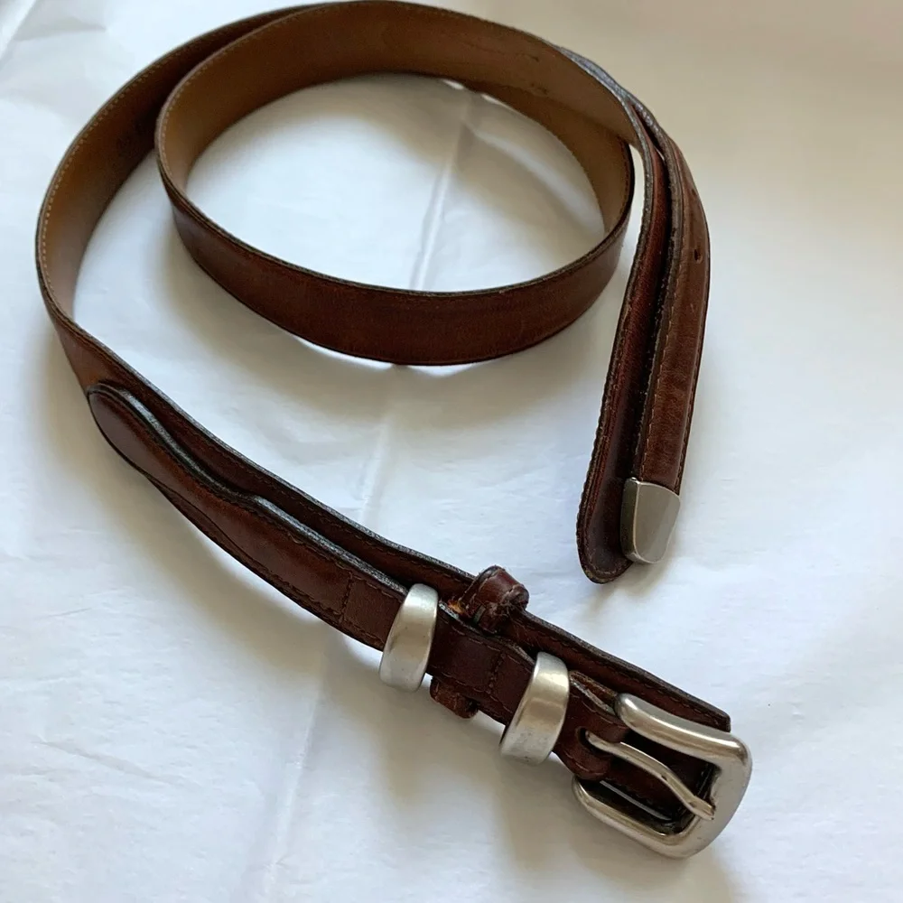 VTG LL Bean Vintage Brown Leather Belt with Silver Hardware Mens 36